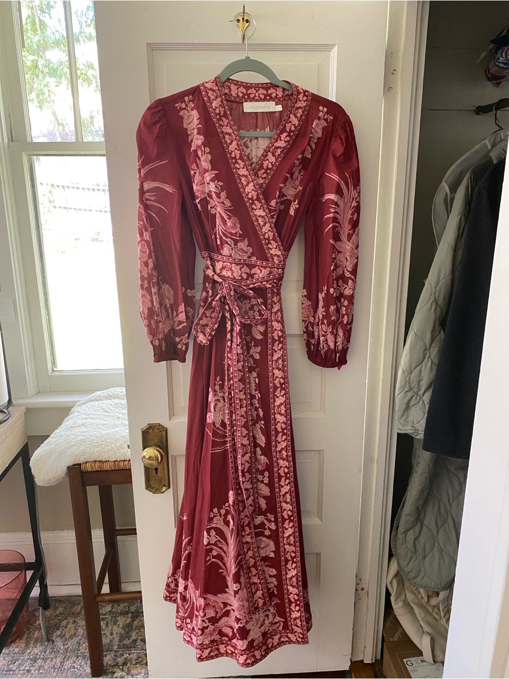 Zimmermann Wine Floral Wrap Maxi Dress